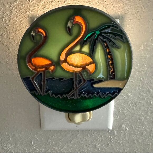 Vintage 80s Stained Glass Flamingo Night Light Palm Tree - Picture 2 of 3